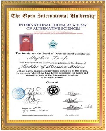 2 iyun 2000 ci il tarixdə Zərifə Yaqub qızı Mayılova beynəlxalq Cuna akademyasının "Alternativi olmayan tibb mütəxəsisi" diplomunu almışdır.
